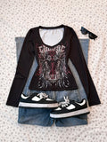 SHOPMOCHO Ladies' Spring/Summer Retro Style Music Road Printed Long Sleeve T-shirt