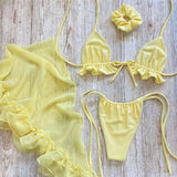 SHOPMOCHO White Mesh Cover Up Swimwear String Halter 3 Piece Bikini Set Micro Thong Swimsuit Beachwear Ruffled Triangle Bikinis 2025 Mujer