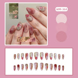 SHOPMOCHO 24pcs White Flower Fake Nail Tips Ins Yellow Pink Blush False Nails Wearable Full Cover European Almond Shaped Press on Nails