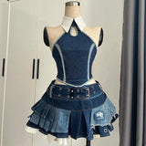 SHOPMOCHO Summer Gothic Retro Fur Trim Corset Design Woman Suit Y2k Slim Lolita Elegant 2 Piece Sets Female Korea Style Sexy Chic Outfits