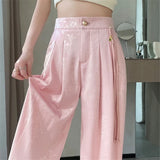 Shopmocho New Chinese Style Jacquard Wide Leg Satin Pants for Women Elegant Solid Office Lady Women's Casual Loose Pants Female
