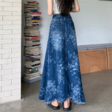 Shopmocho 2025 Trend Women's Y2K Jeans Skirt - Flared Hem High Waist Printed Denim Maxi Skirt  A-Line Bodycon Midi Length Wrap Skirt
