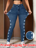 SHOPMOCHO Fashion Women Faux Denim Printed Skinny Pants, High Elastic Seamless Fake Pocket Casual Sports Long Leggings