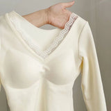 SHOPMOCHO Lace Basic Top With Padding Bra Women V neck Warm Fleece Long sleeve T shirt Apricot White Lady Casual Blouse Underwear Tees