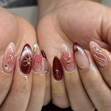SHOPMOCHO 24Pcs Short Almond Fake Nails Butterfly Wings Nail Art with Glue Glitter Flower False Nails Acrylic Autumn Winter Press on Nail