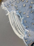 SHOPMOCHO Y2K Distressed Diamond Tassel Blue Short Jeans Ripped Loose Wide Leg Denim Shorts 2025 Korean Women Fashion Casual Shorts