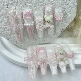 SHOPMOCHO 10PCS Cute Pink Blue Lolita French Lace Handmade Press On Nails 3D Teddy Bear Bow Pearl Fake Nails Sweet Elegant Long Nail Art