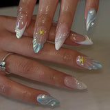 SHOPMOCHO 24Pcs Pink Almond False Nails Butterfly Ballet with French Design Wearable Fake Nails Simple Artificial Press on Nails Tips Art