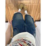 SHOPMOCHO American Retro Lace Denim Shorts Women Summer New Fashion Washed Splice Seven-Quarter Wide Leg Jeans Trendy Mid-Length Pants