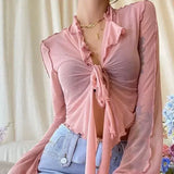 SHOPMOCHO Long Flare Sleeve Sexy Sweet Hot Girls Korean Blouses for Women Lace-up Mesh Fashion Style All-match Solid Design Elegant Casual