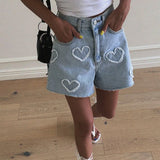 Shopmocho Korean Summer Y2K High Waist Jorts LOVE Heart Shaped Pattern Women's Denim Shorts Casual Jeans Chic Straight Washed Hot Pants