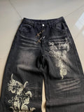 SHOPMOCHO American Vintage New Pattern Printing Black Baggy Jeans Men Y2K Gothic Harajuku Hip Hop Popular Casual Joker Wide-leg Pants