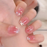 Shopmocho 24Pcs Pink Cat Blue Love Cute Short Ballet Press on False Nails Sweet French Cat Eye Bow Star Designs Style Detachable Nails Set