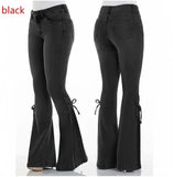 Shopmocho Full Length Flare Pants Women Jean Washed Denim Pants Zipper Fly Loose Fit Pockets High Waist Basics Lace Up Vintage Solid