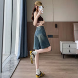 SHOPMOCHO Shorts Female Jeans Summer Wide Leg Loose Fit High Waist Denim Shorts Women's Denim Five Points Mid Length Trousers