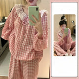 SHOPMOCHO Women's Sweet Print Pajamas Set Long Sleeve Top And Trousers 2 Piece Sleepwear Autumn Casual Loose Lace Loungewear