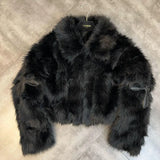 SHOPMOCHO 2026 Winter Women Cotton Jacket Lapel Long Sleeve Patch Cross Short Fur Coat Black