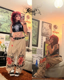 SHOPMOCHO Y2K Goth Streetwear Cargo Pants Beige Wide Leg Trousers with Red Floral Graffiti Print Loose Fit Casual Punk Hip Hop Bottoms