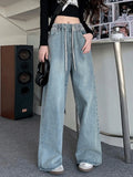 SHOPMOCHO Botvotee Elastic Waist High Waist Wide Leg Jeans for Women Loose Straight Blue Long Denim Pants Female Fashion Streetwear Jeans
