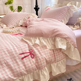 Shopmocho Korean Style Bedding Sets 2025 Pink Grid Bow Quilt Cover Romantic Bed Sheet Sets Woman Girls Bedroom Duvet Cover 4pcs