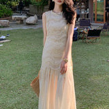 SHOPMOCHO-Women White Sleeveless Waist Skirt 2025 Summer New High End Dress Temperament Light Luxury Skirt