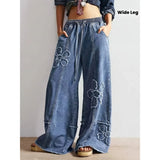 SHOPMOCHO Women's Pants Loose Wide Leg Jeans Embroidery Elastic Waistband Drawstring Adjustable High Rise Comfort