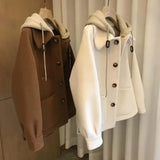 Shopmocho Plus Size Large Size Autumn Winter Women's Jacket with Hood Patchwork Fake Two-Piece Loose Coat Stylish And Elegant Outerwear