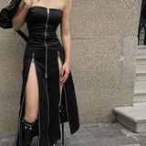 Shopmocho Goth Dark Techwear Fashion Zip Up Midi Dresses Cyber Y2k Mall Gothic Split Women Tube Dress Partywear Punk Off Shoulder Outfits