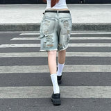 SHOPMOCHO SUCHCUTE Fashion Women Ripped Raw Hem Retro Jeans Shorts  Summer Five-Pocket Denim Shorts Chic Straight Legged Pants Streetwear