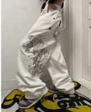 SHOPMOCHO New White Jeans Y2K Dragon Pattern Mens American High Street Retro Korean Straight Pants Harajuku Hip-Hop Couple Wide Pants