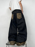 SHOPMOCHO Men's Retro Leopard Print Stitching Black Baggy Jeans Y2K Street Fashion Versatile Wide-Leg Pants Available In Multiple Colors