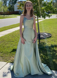 Shopmocho Satin Prom Dresses Pockets Draped Neck Long Formal Evening Gown Spaghetti Strap A line Bridesmaid Dress Lace Up Back with Slit