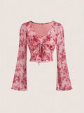 SHOPMOCHO Summer Women's Y2k Floral Printed Sweet V-Neck T-shirts Mesh Beach Party Dress Top Flare Sleeve Square Collar Lace Up Shirt 2025