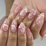 Shopmocho Pink Yellow Halo Dyeing Flower Water Ripple Summer False Nails Leopard Long Pointed Fake Nails Art Press on Nails Charm Manicure