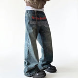 SHOPMOCHO Korean Version Retro Letter Printed Jeans For Men Loose Straight Leg Wide Leg Pants High Street Hip-Hop Design Casual Pants