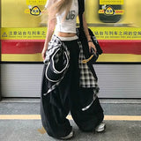 SHOPMOCHO Y2K American Black Retro Hip-Hop Spliced Plaid Belt Hot Girl Loose Casual High Waist Women Wide-Leg Quick-Drying Sweatpants