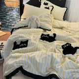 SHOPMOCHO Korean Style Bedding Set Green Strip Black Cat Embroidery Washed Cotton  Duvet Cover Cute Cardboard  Bed linen Comforter Sets