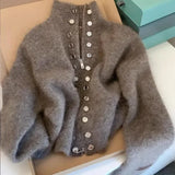 SHOPMOCHOLuxury Fluffy Knitted Cardigan Sweater Design Double Breasted Sweater Coat Women Autumn High-end Lazy Zipper 2000s Y2k Knit Top