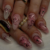 Shopmocho 24pcs Sweet False Nail Patches Detachable Fake Nail Tips With Bowknots Love Heart Pearl Design Pink Almond Korean Press On Nail