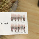 SHOPMOCHO Sweet Lovely Cartoon Bear Long Coffin Stiletto Fake Nails Bowknot Pearl Diamond Flowers Cat Eyes Wearable Fake Nails