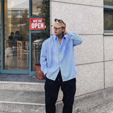 Shopmocho Men's Blue Vertical Striped Long-Sleeved Shirt, Korean Style High Quality Casual  Shirt Coat， Travel ，Hiking