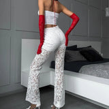 Shopmocho Women Summer Full Length Gazue Pants Straight Elastic High Waist Female New Sexy Slim Long Trousers Casual Lace Hollow Out Pants