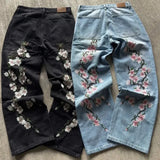 Shopmocho Harajuku Hip Hop baggy jeans Y2K goth plum blossom Embroidered high quality jeans women man American style men women street wear