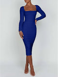 Shopmocho Autumn and Winter Women Sexy Bodycon Dress Square Neck Long Sleeved Ladies Evening Dresses