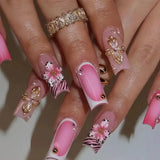 Shopmocho 24Pcs Long Coffin Leopard Print False Nails with Glue Sweet Cool Diamond Fake Nail Set Floral French Press on Wearable Nail Tips