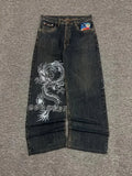 SHOPMOCHO Japanese Dragon Knitted Jeans Men Women Baggy Fit High Street Urban Casual Trendy Fashion Hip Hop Streetwear Daily Wear Style