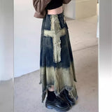 Shopmocho Women's Vintage Cross Fringed Denim Skirt, High Waist A-line Slimming Irregular Mid Length Skirt, Autumn and Winter New Style