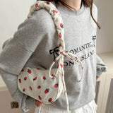 Shopmocho Women Small Underarm Bag Corduroy Handbag Cute Strawberry Print Little Tote Half Moon Design Eco Cloth Purse Mini Shoulder Bags