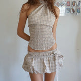 Shopmocho Kawaii Plaid/Dots Print Backless Halter Crop Camis Tops + Low Waist Bubble Mini Skirt Vintage 2 Piece Set Women Y2k Outfits