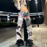 Shopmocho Y2K High Street Retro Graffiti Printed Baggy Jeans Women Streetwear Hip Hop Loose Japanese Millennium Casual Straight Jeans